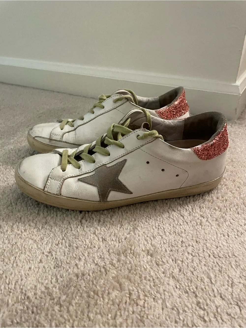Golden Goose White Sneakers with Pink Glitter Heel and Gray Star